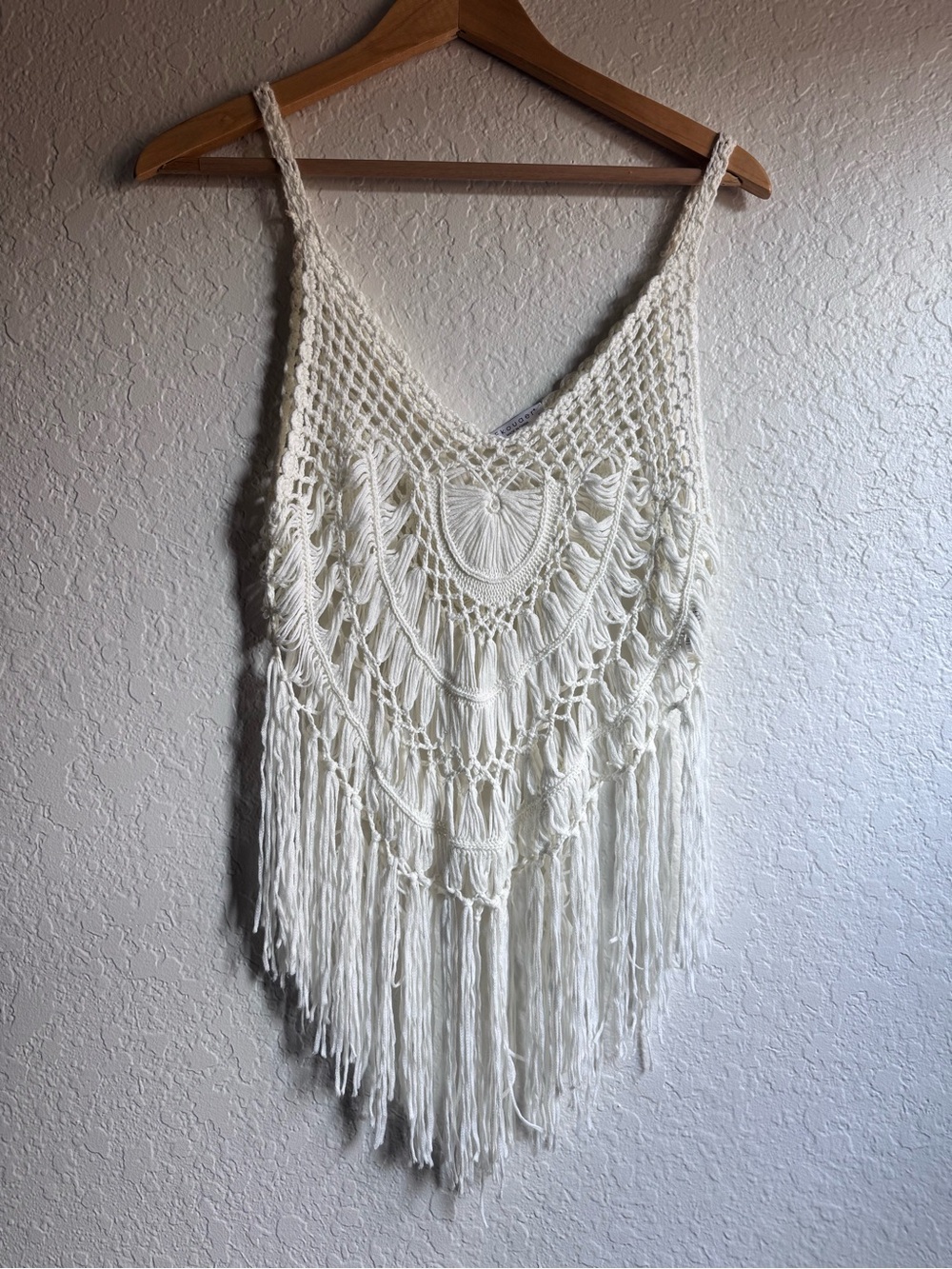 Ekouaer White Open-Weave Crochet Fringe V-Neck Bikini Cover Up Tank Top - Small
